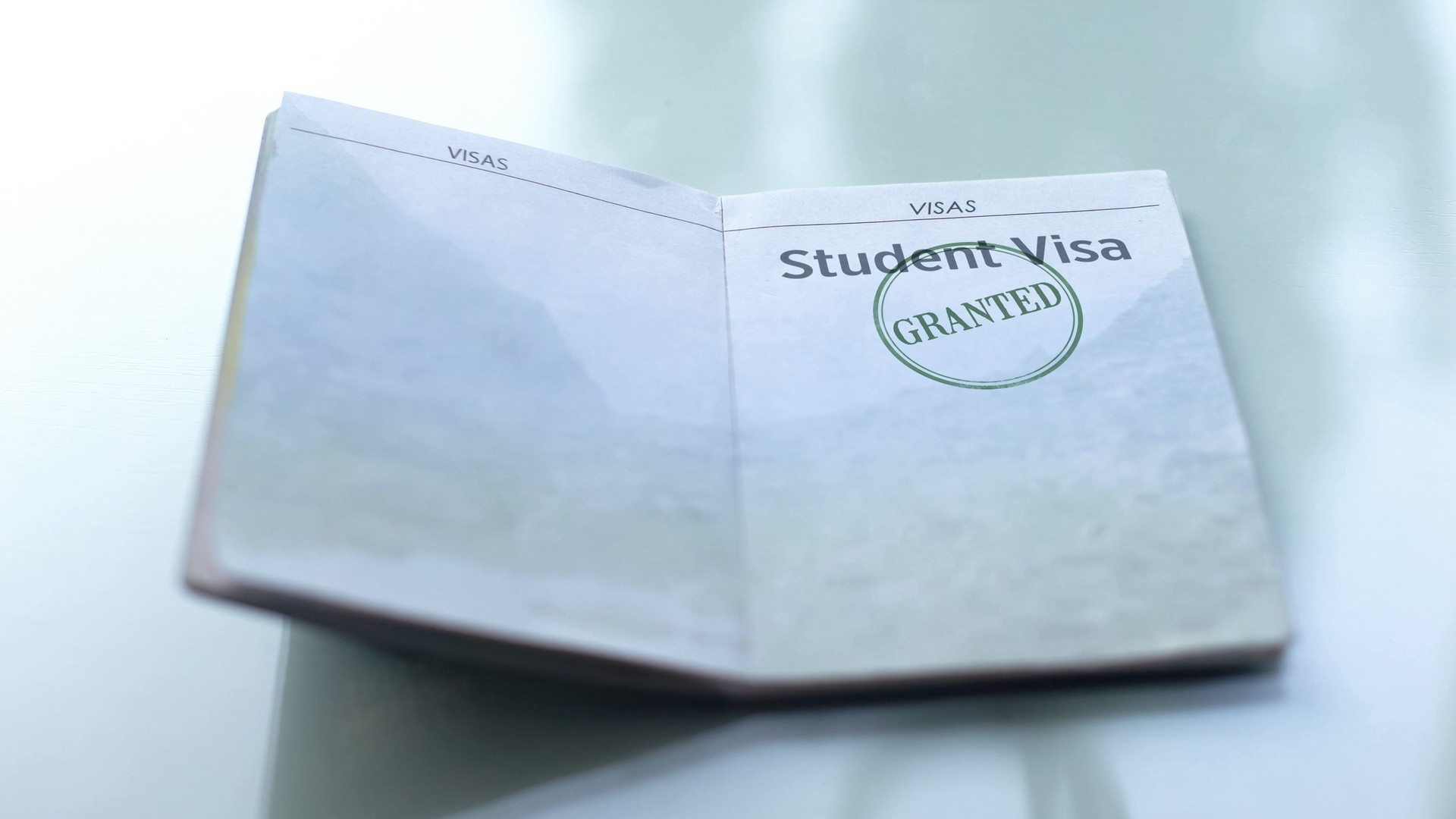 Student visa granted, seal stamped in passport, customs office, travelling